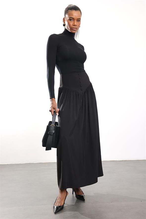 Siyah Önü Düğmeli Midi Etek 041171