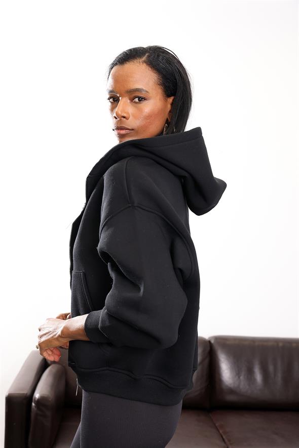 Siyah Fermuarlı Kapüşonlu Sweatshirt 10822