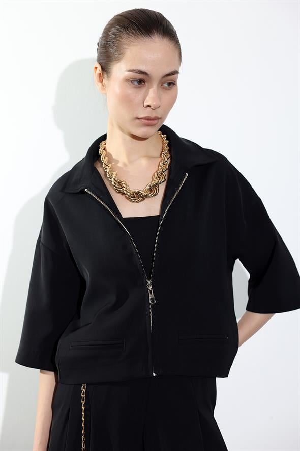 Siyah Fermuarlı Yarım Kol Ceket 131056