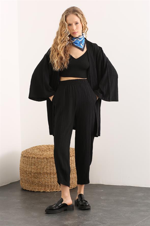 Siyah Gofre Kimono Takım 8001