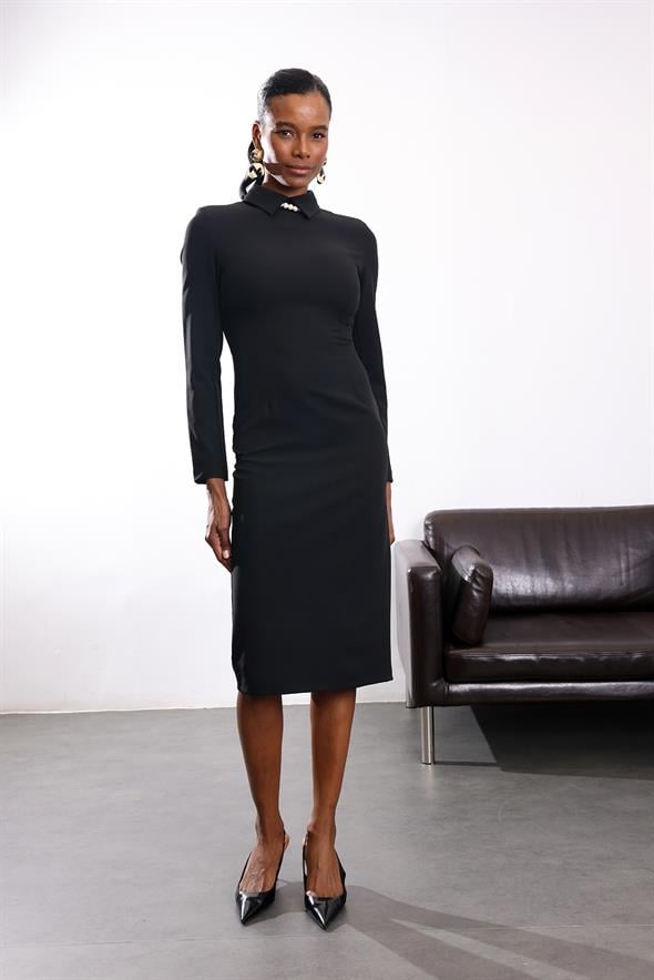 Siyah Gömlek Yaka Midi Boy Elbise 12407