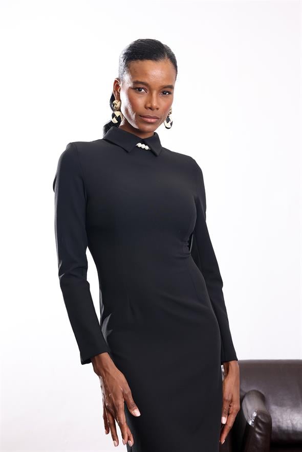 Siyah Gömlek Yaka Midi Boy Elbise 12407