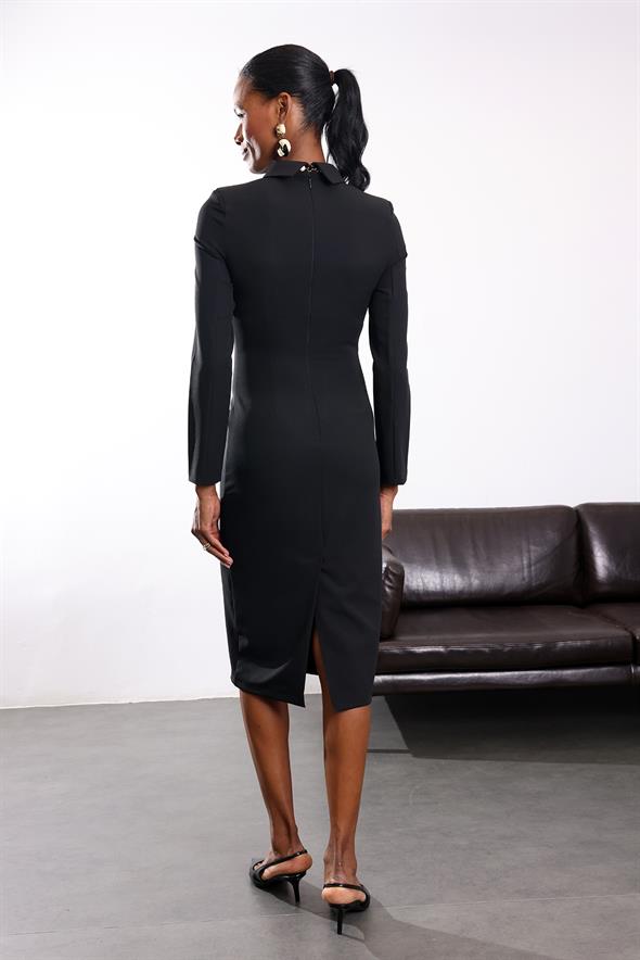 Siyah Gömlek Yaka Midi Boy Elbise 12407