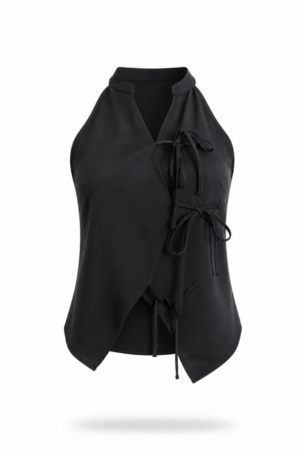 Siyah Halter Yaka Önü Bağlamalı Bluz 478