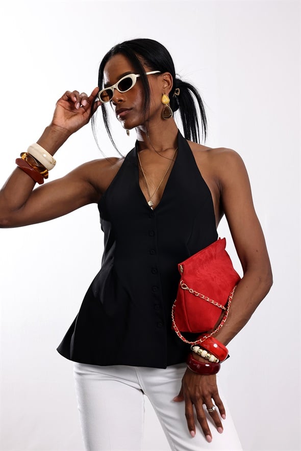 Siyah Halter Yaka Peplum Yelek 17611
