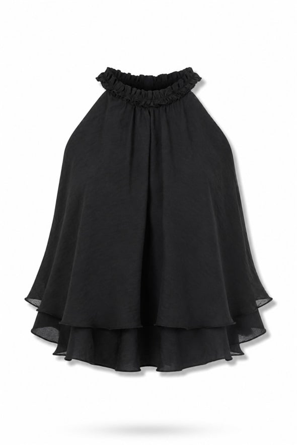 Siyah Halter Yaka Volanlı Bluz 071946