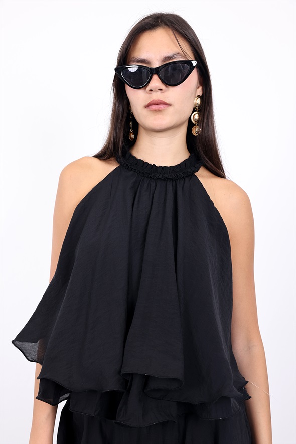 Siyah Halter Yaka Volanlı Bluz 071946