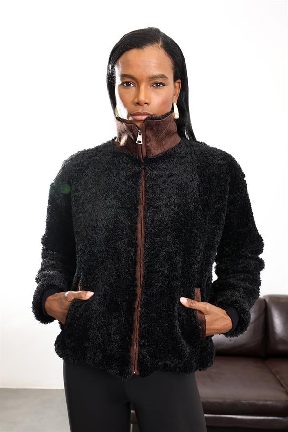 Siyah Kadife Detaylı Peluş Mont 