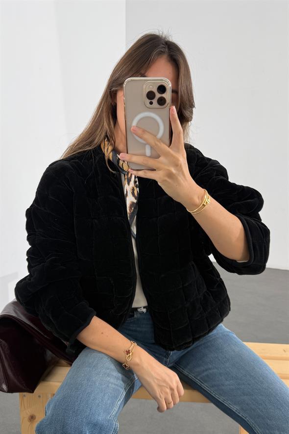 Siyah Kadife Kapitone Bomber Ceket 