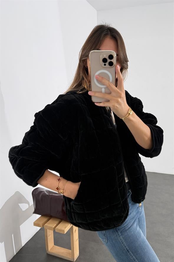 Siyah Kadife Kapitone Bomber Ceket 