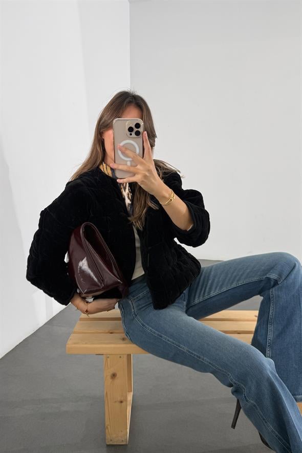 Siyah Kadife Kapitone Bomber Ceket 