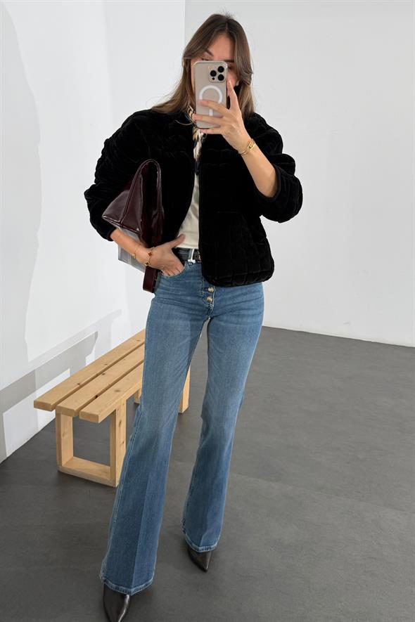 Siyah Kadife Kapitone Bomber Ceket 