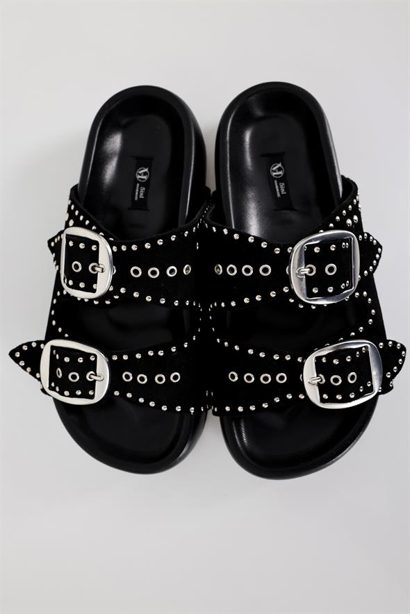 Siyah Kalın Taban Süet Troklu Terlik 24201