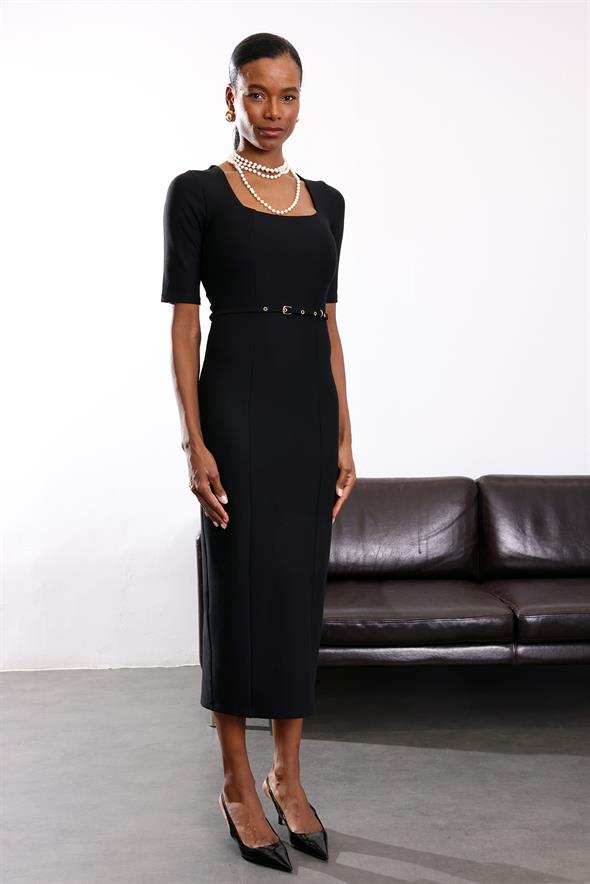 Siyah Kare Yaka Kemerli Kalem Elbise 1271