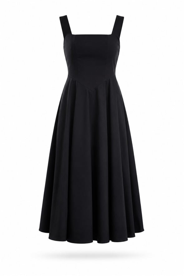 Siyah Kare Yaka Poplin Midi Elbise 12459