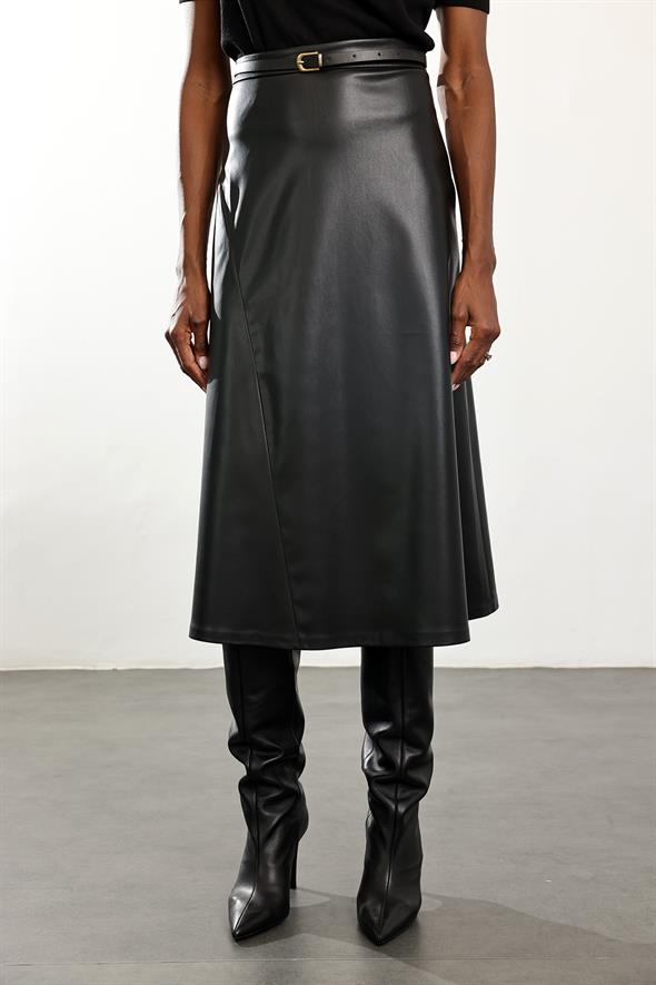 Siyah Kemerli Deri Midi Etek 221