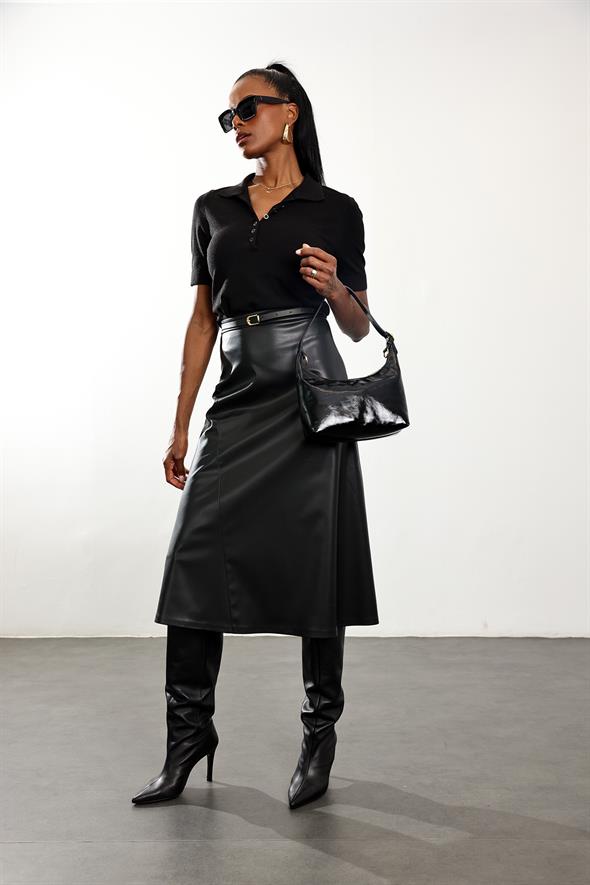 Siyah Kemerli Deri Midi Etek 221