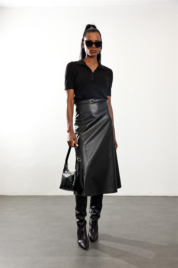 Siyah Kemerli Deri Midi Etek 221