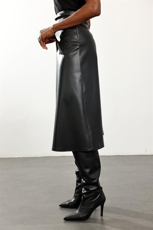 Siyah Kemerli Deri Midi Etek 221