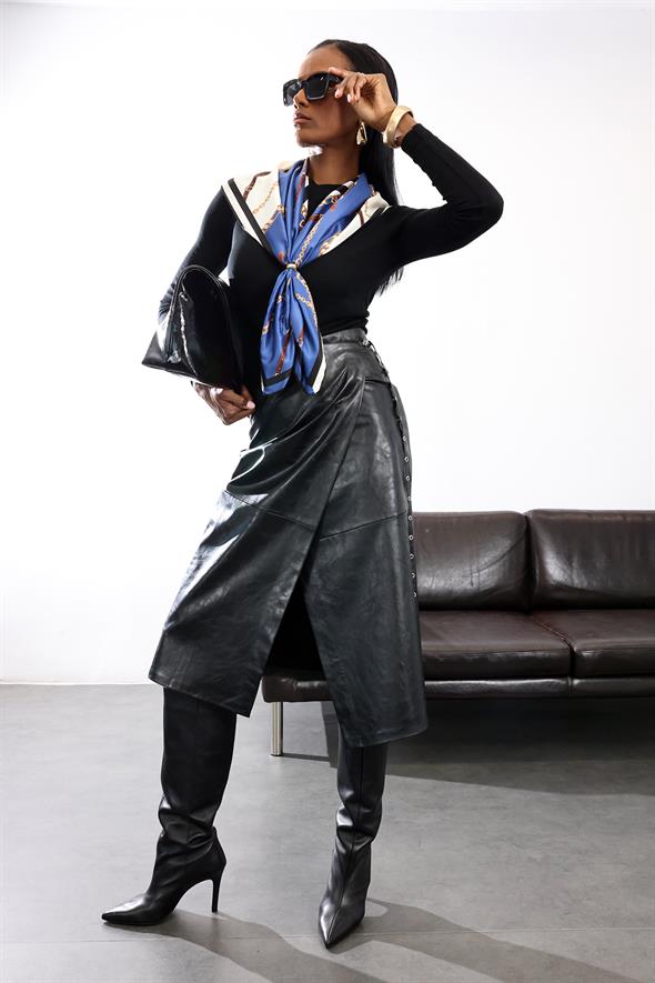 Siyah Kemerli Deri Midi Etek 222