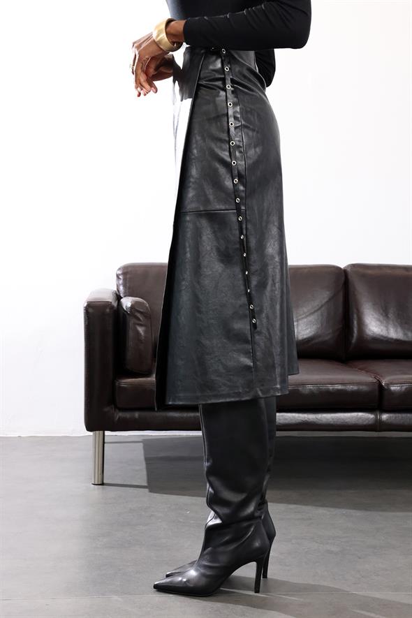 Siyah Kemerli Deri Midi Etek 222