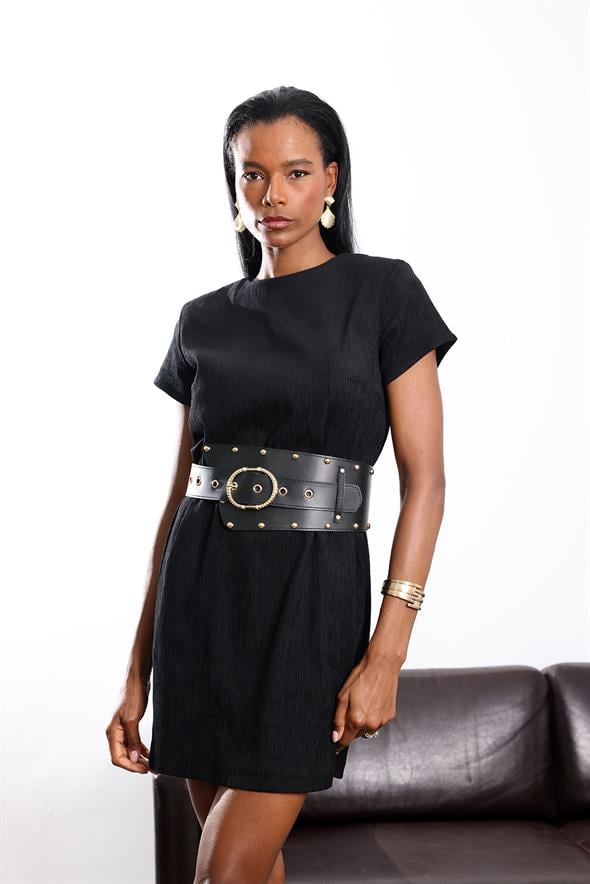 Siyah Kemerli Kadife Elbise 1276