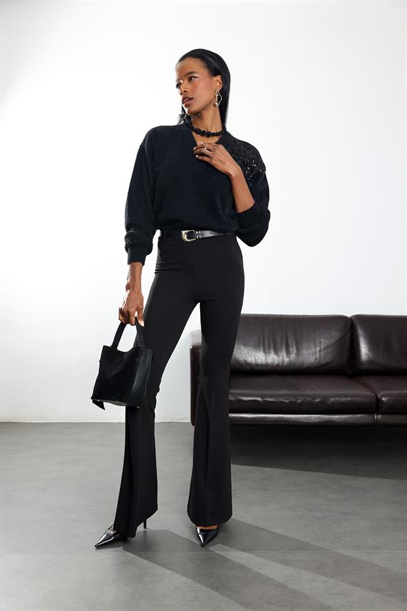 Siyah Kemerli Likralı İspanyol Kumaş Pantolon 2076