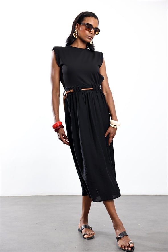 Siyah Kemerli Maxi Elbise 37553