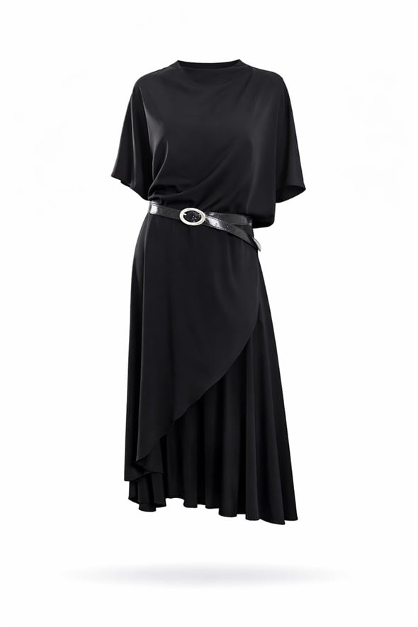 Siyah Kemerli Volanlı Krep Elbise 1324