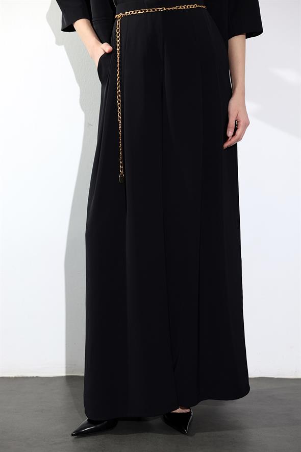 Siyah Kemerli Yüksek Bel Bol Paça Pantolon 031641