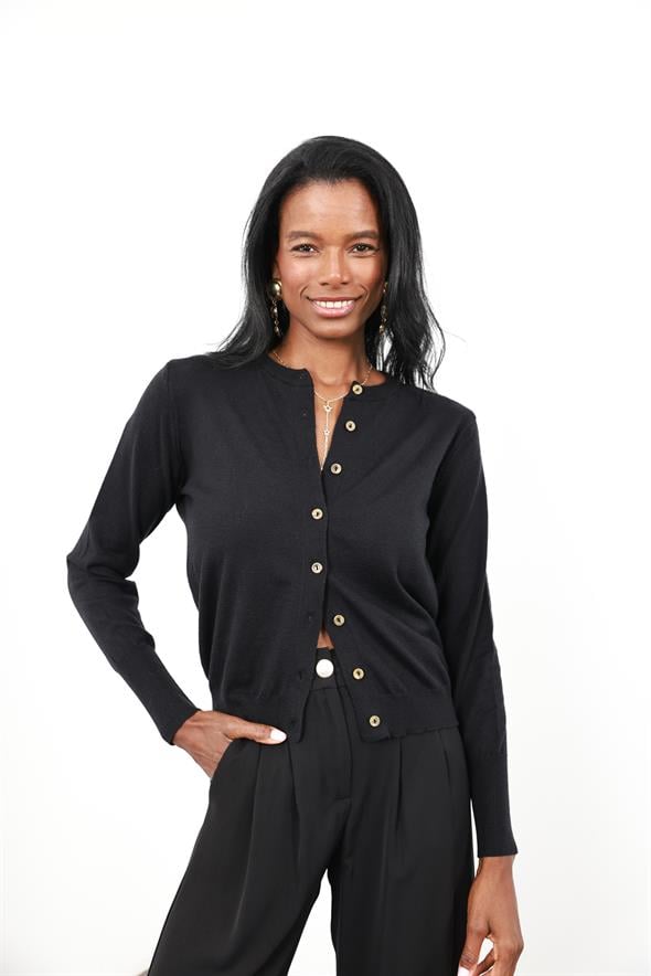 Siyah Kemik Düğmeli Lyocell İplik Hırka 