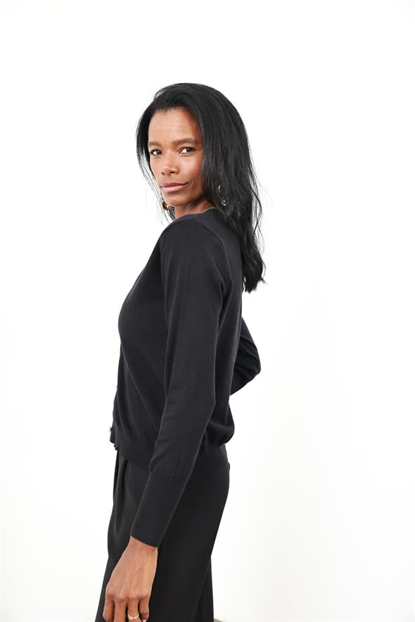 Siyah Kemik Düğmeli Lyocell İplik Hırka 