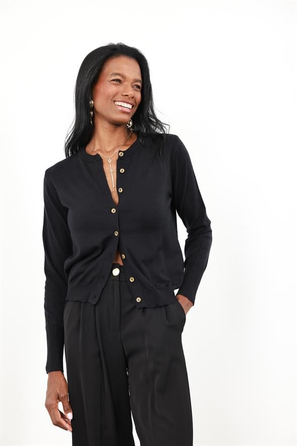 Siyah Kemik Düğmeli Lyocell İplik Hırka 