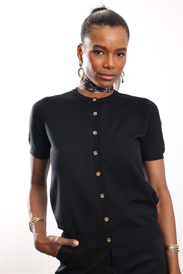 Siyah Kısa Kollu Triko Hırka 