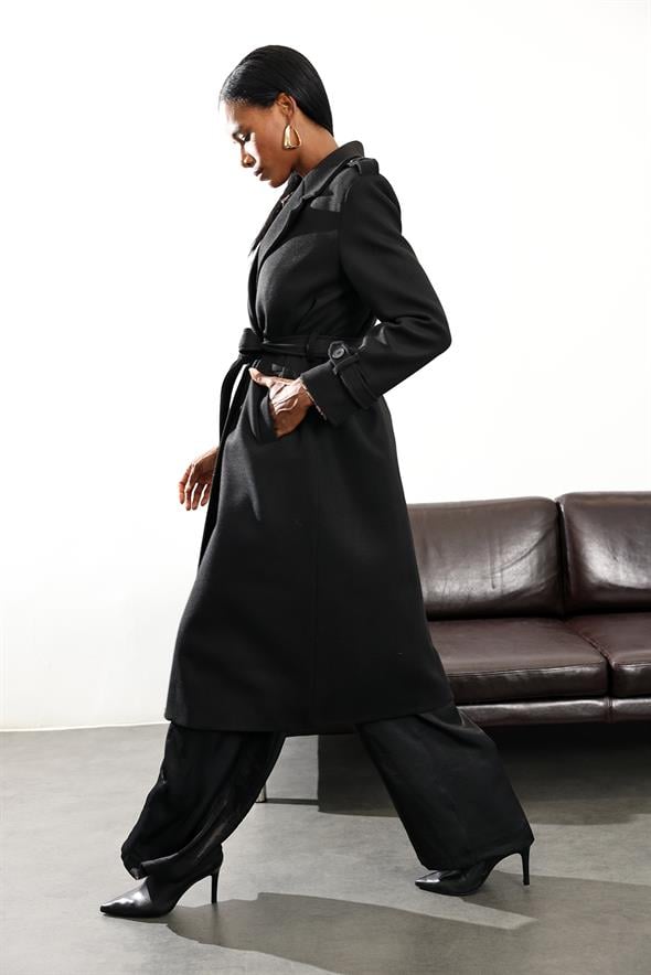 Siyah Kruvaze Kaşe Palto D99618