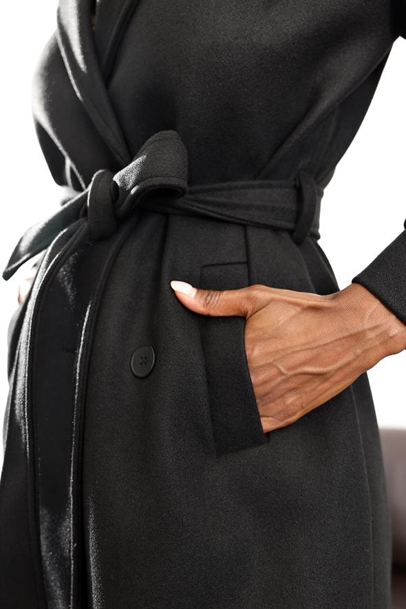 Siyah Kruvaze Kaşe Palto D99618