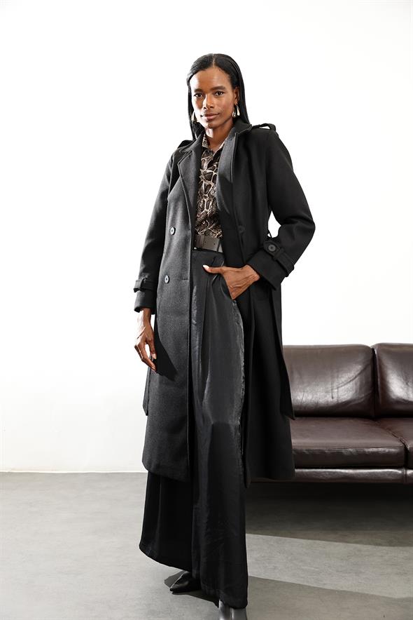 Siyah Kruvaze Kaşe Palto D99618