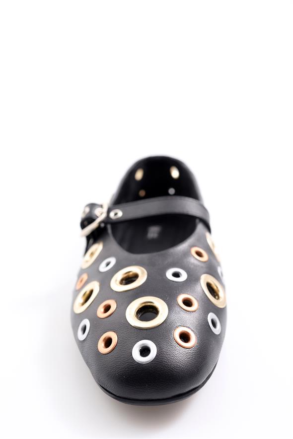 Siyah Kuş Gözlü Deri Babet 23638