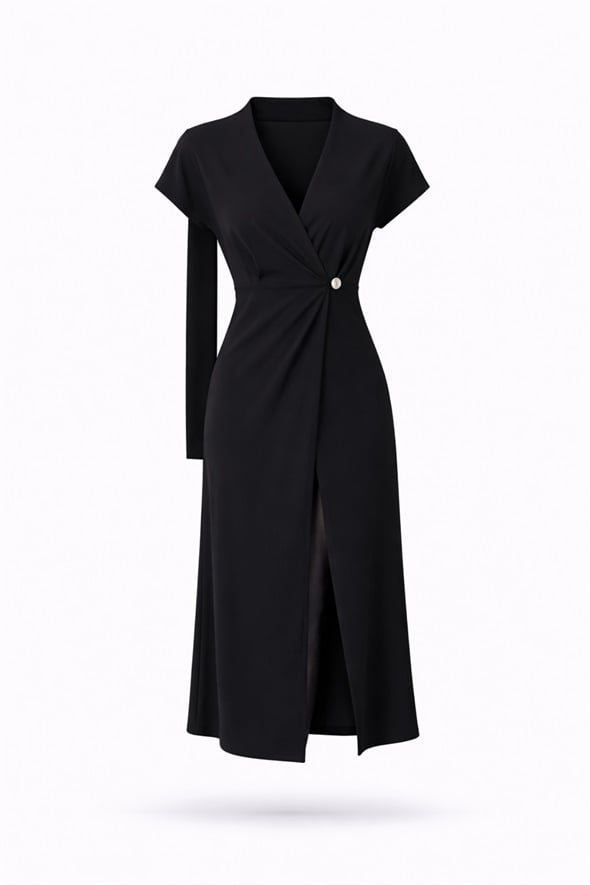 Siyah Kuşaklı Kruvaze Elbise 