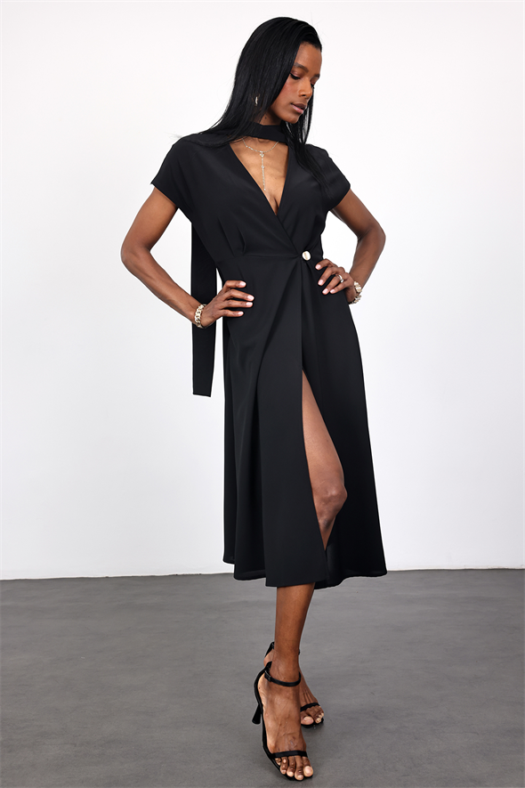 Siyah Kuşaklı Kruvaze Elbise 