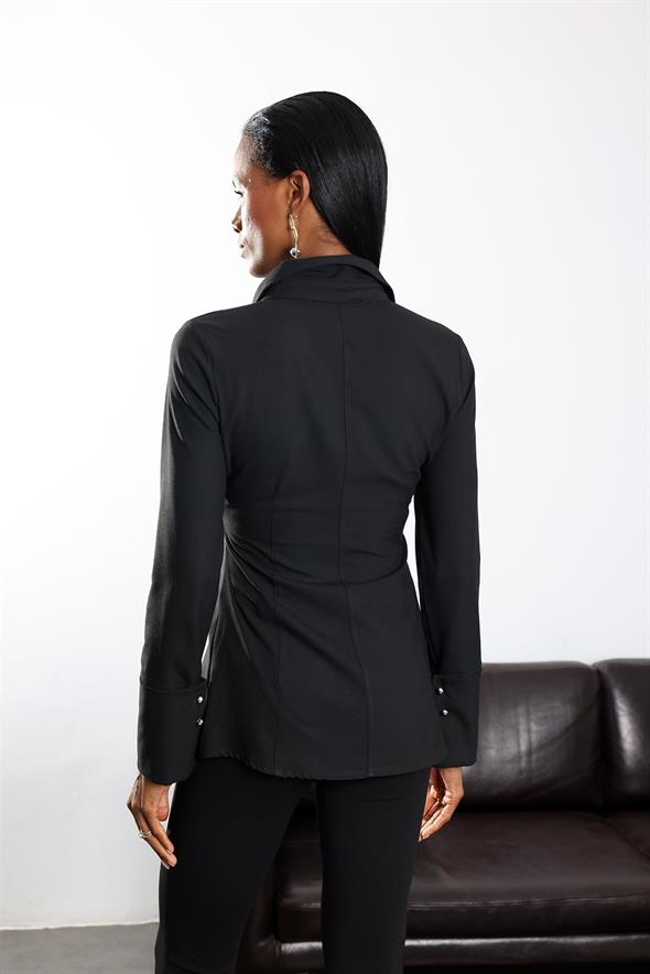 Siyah Metal Düğmeli Slim Fit Gömlek 1289