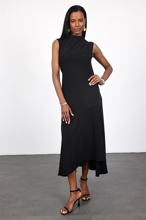 Siyah Omuzu Drapeli Asimetrik Elbise 18190