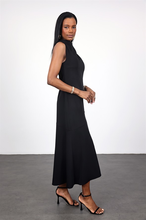 Siyah Omuzu Drapeli Asimetrik Elbise 18190