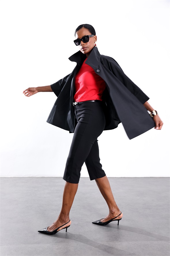 Siyah Oversize Kısa Trençkot 87159
