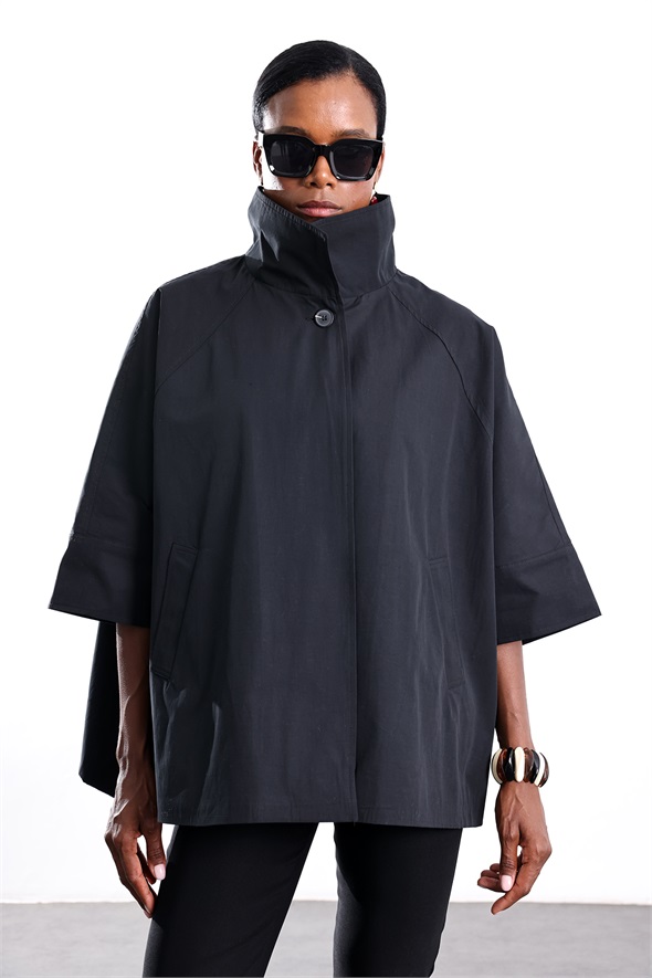 Siyah Oversize Kısa Trençkot 87159