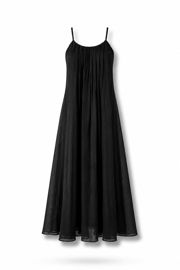 Siyah Piliseli Maxi Boy Elbise 3413