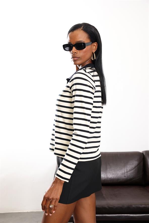 Siyah Polo Yaka Çizgili Sweatshirt 25026