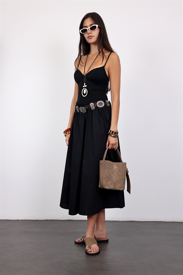 Siyah Poplin Midi Etek 4603