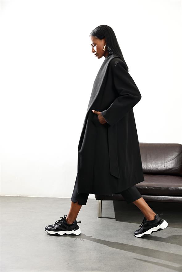 Siyah Şal Yaka Midi Boy Palto D99767