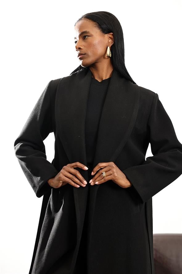 Siyah Şal Yaka Midi Boy Palto D99767